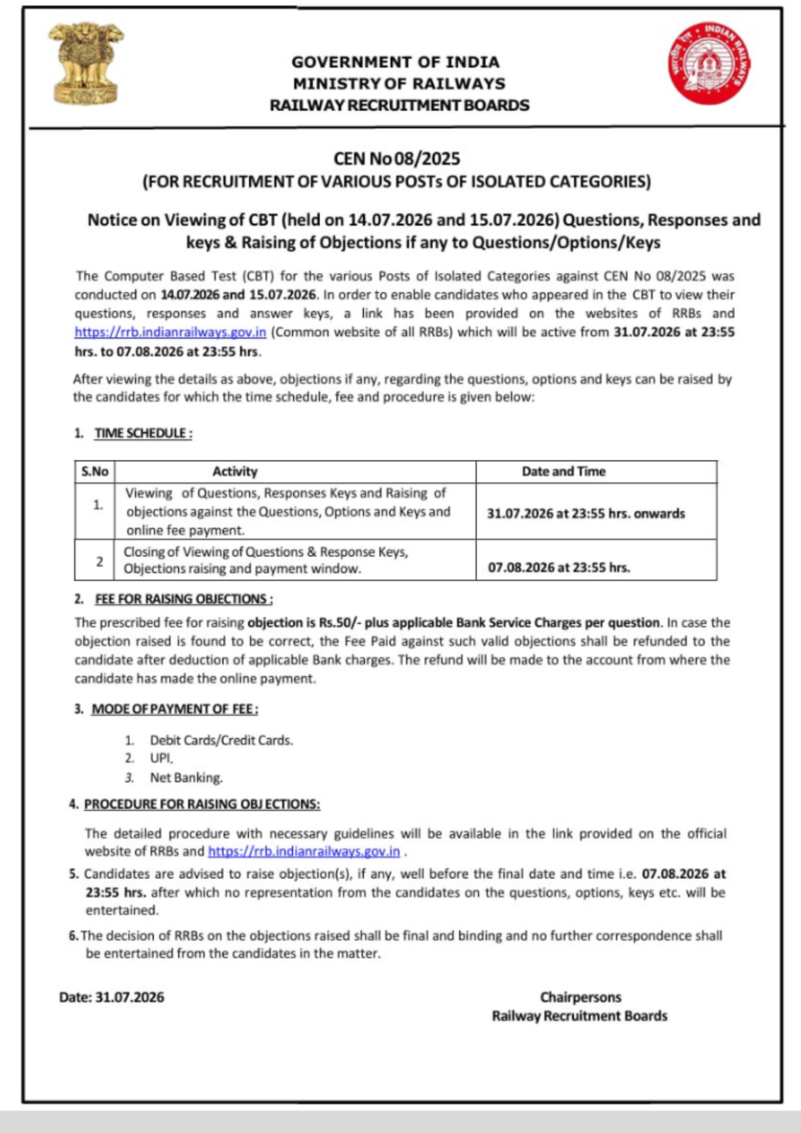 RRB Ministerial and Isolated Categories Answer Key 2026 